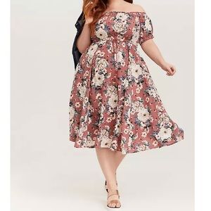 TORRID PINK FLORAL CHALLIS OFF SHOULDER MIDI DRESS